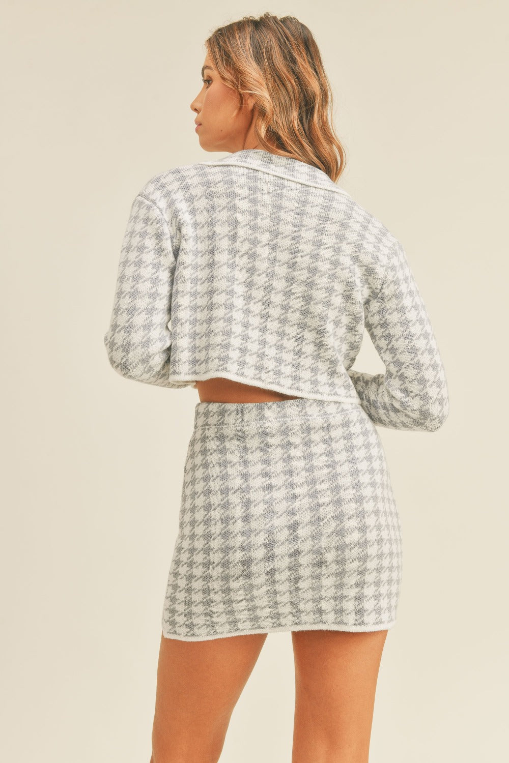 Mabel Houndstooth Cropped Knit Cardigan and Mini Skirt Set