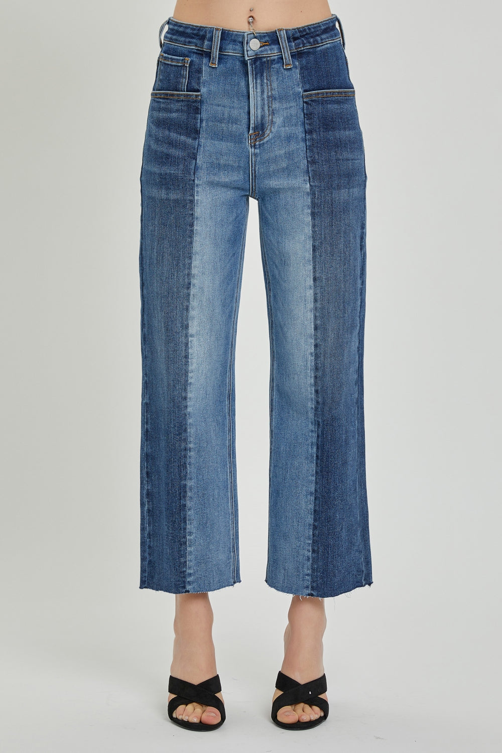 Nina Mid-Rise Waist Two-Tones Jeans with Pockets