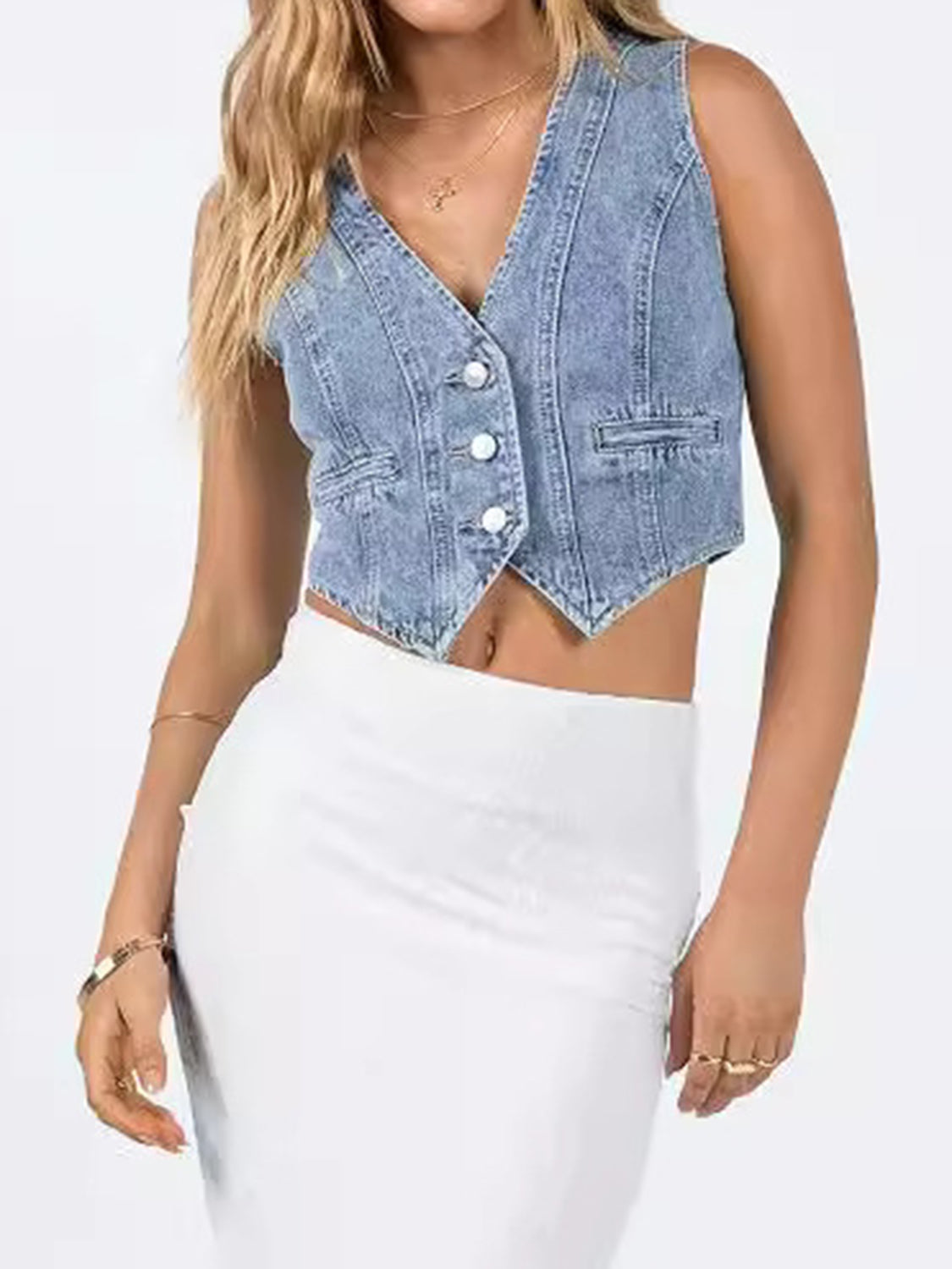 Meg Button Up Sleeveless Denim Top