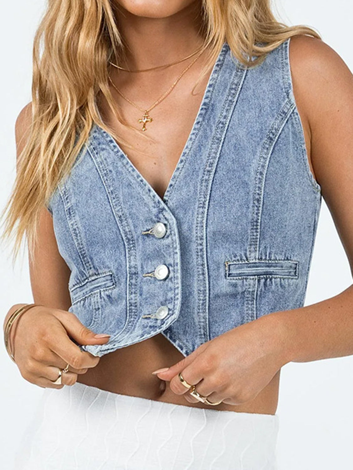 Meg Button Up Sleeveless Denim Top