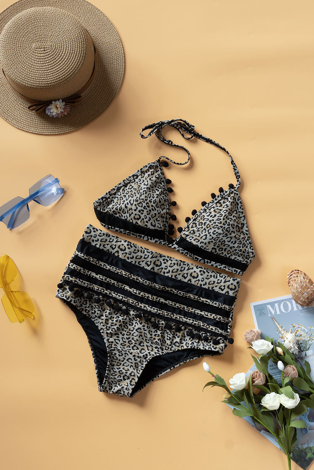 Rachel Pompom Detail Halter Neck Two-Piece Bikini Set