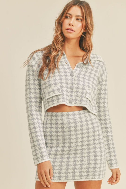 Mabel Houndstooth Cropped Knit Cardigan and Mini Skirt Set